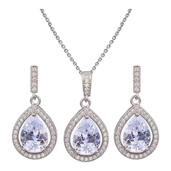 Stainless Steel Cubic Zirconia Earrings and Necklace Set - Picture 1 of 3